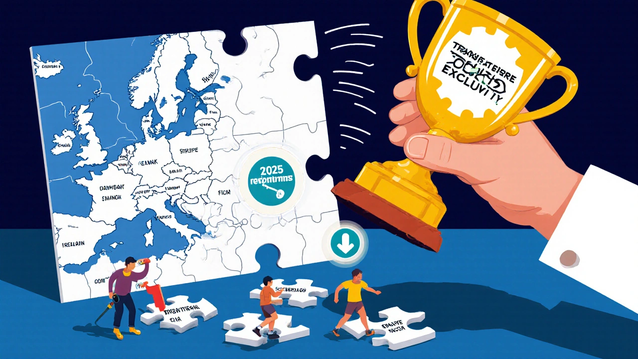 Europe puzzle map with regulatory edges, 2025 reforms trying to connect pieces, small manufacturers struggling near voucher trophy.