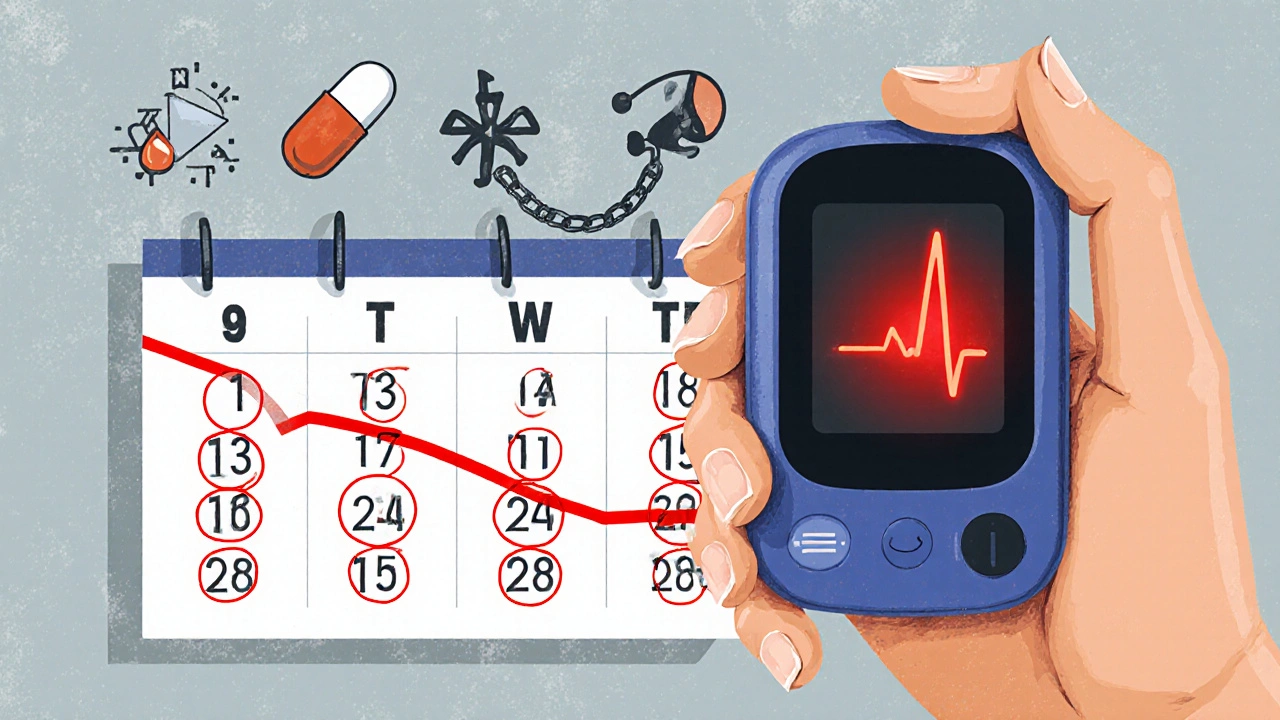 Hand holding pulse oximeter with red alert, calendar showing worsening symptoms over days.