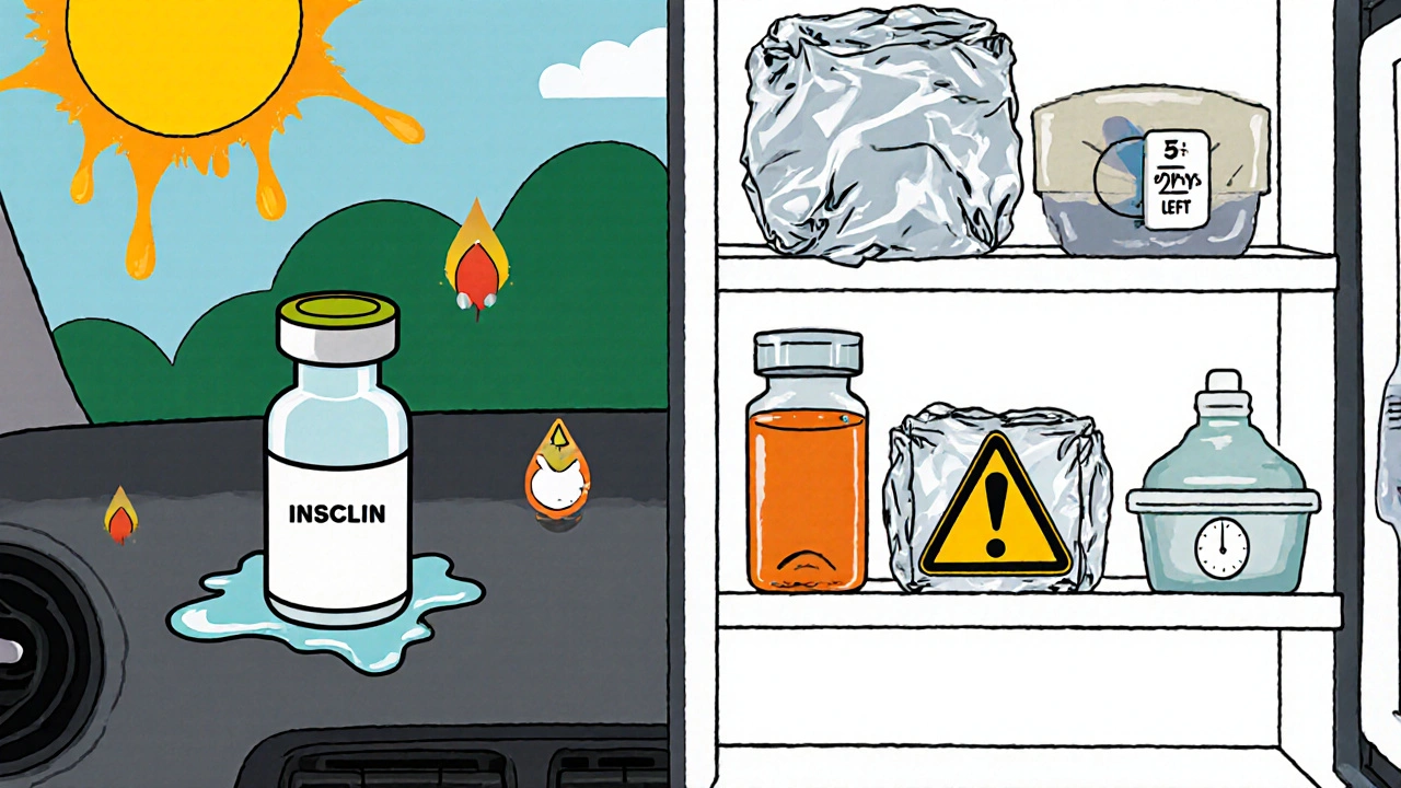 Insulin and liquid antibiotics damaged by heat in a car versus safely stored in a refrigerator&#039;s middle shelf.
