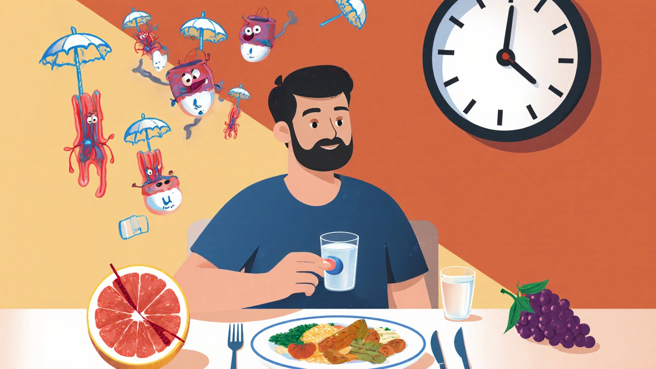 Man taking Cenforce with a light meal, molecular animation showing blood vessel dilation, grapefruit crossed out.