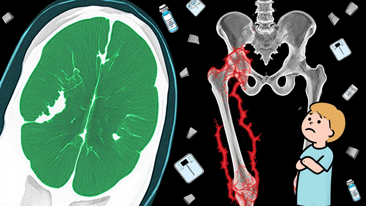 MRI comparison of healthy vs. steroid-damaged hip joint with signs of bone deterioration.