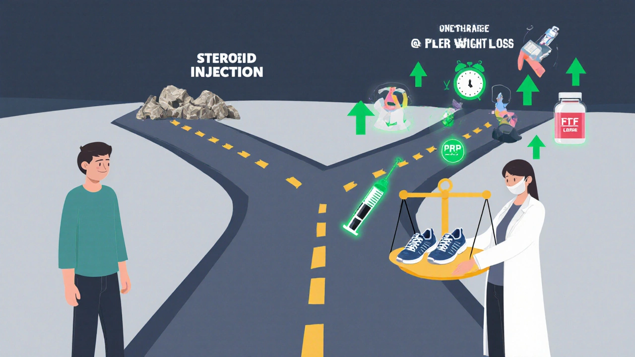 Patient choosing between steroid injection and safer alternatives like physical therapy and braces.