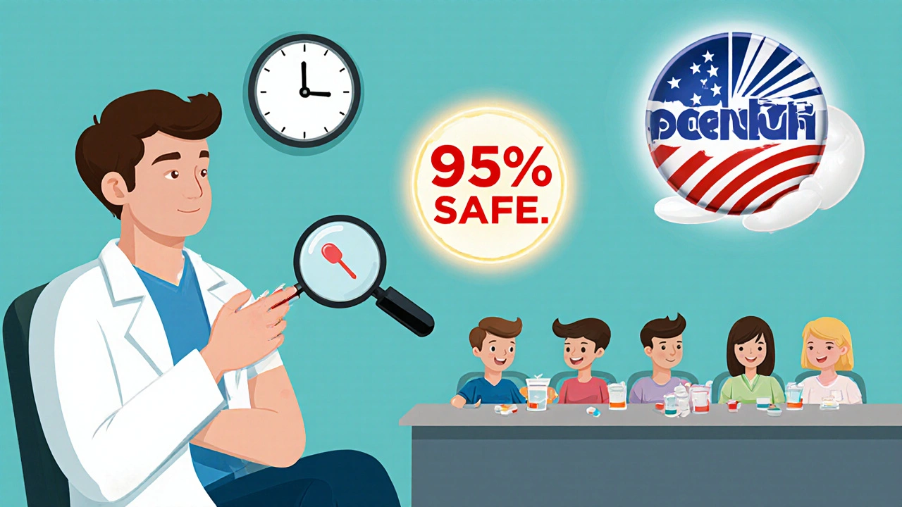 Patient undergoing safe penicillin skin test with positive results, glowing &#039;95% SAFE&#039; sign in background.