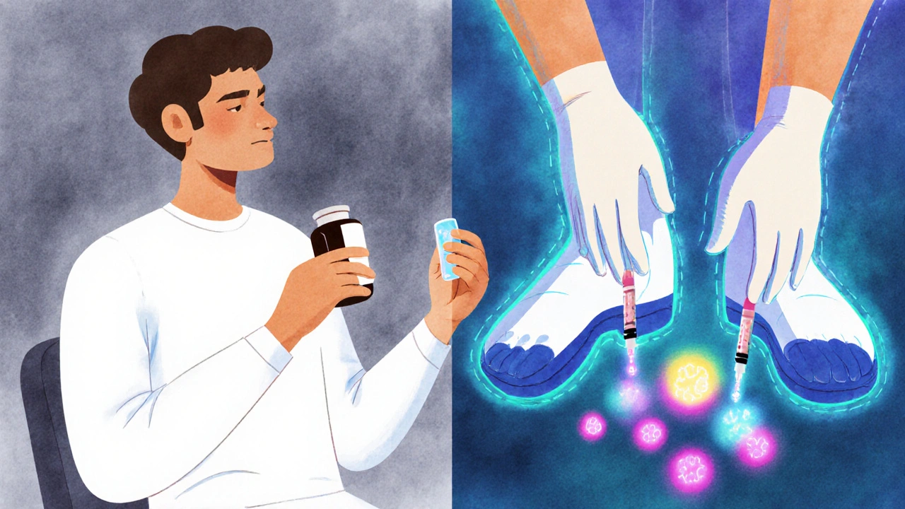 Patient with oral pills versus injected methylcobalamin and benfotiamine, showing improved nerve health in overlay.