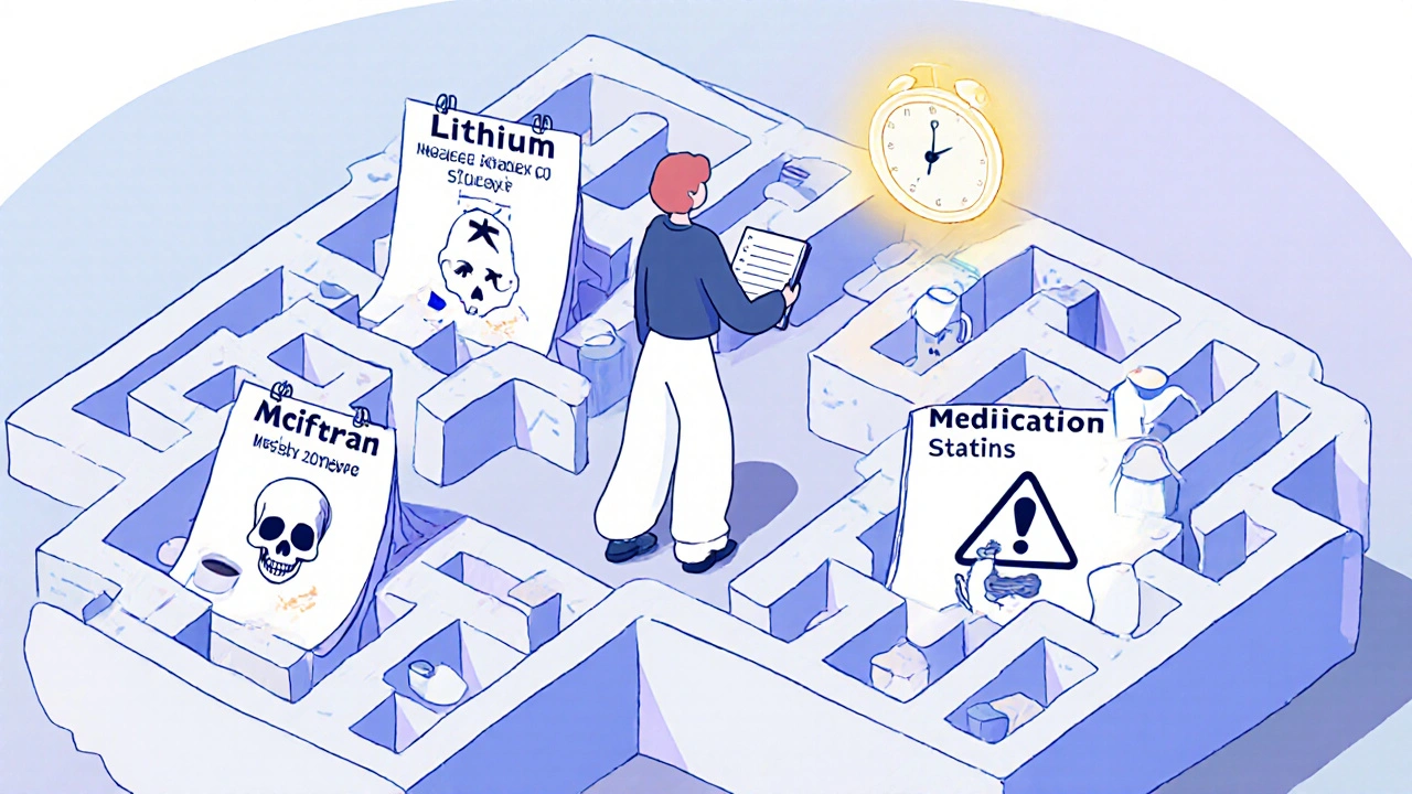 Person navigating a maze of medication calendar pages toward a safety light, with health symbols along the path.