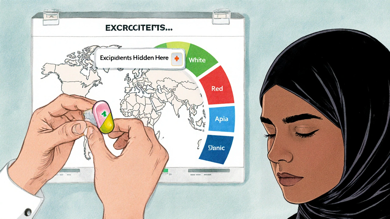 Pharmacist replacing a gelatin capsule with a vegetarian one, as cultural symbols fade and reform around the medication.