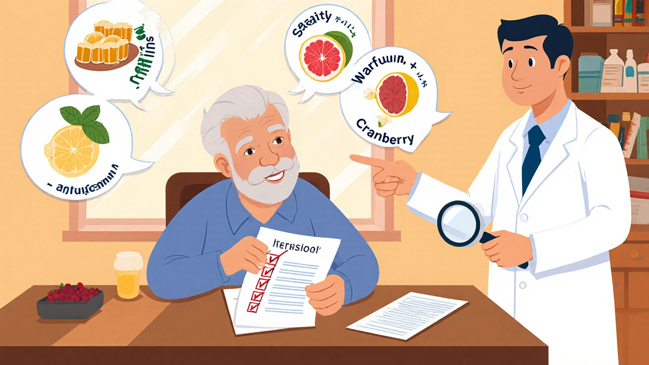 Senior reviewing a medication checklist with a pharmacist pointing out risky drug interactions.