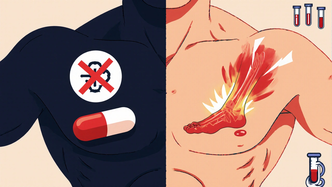 Split-body illustration showing statin rejection and bempedoic acid side effects: snapped tendon and gout flare.