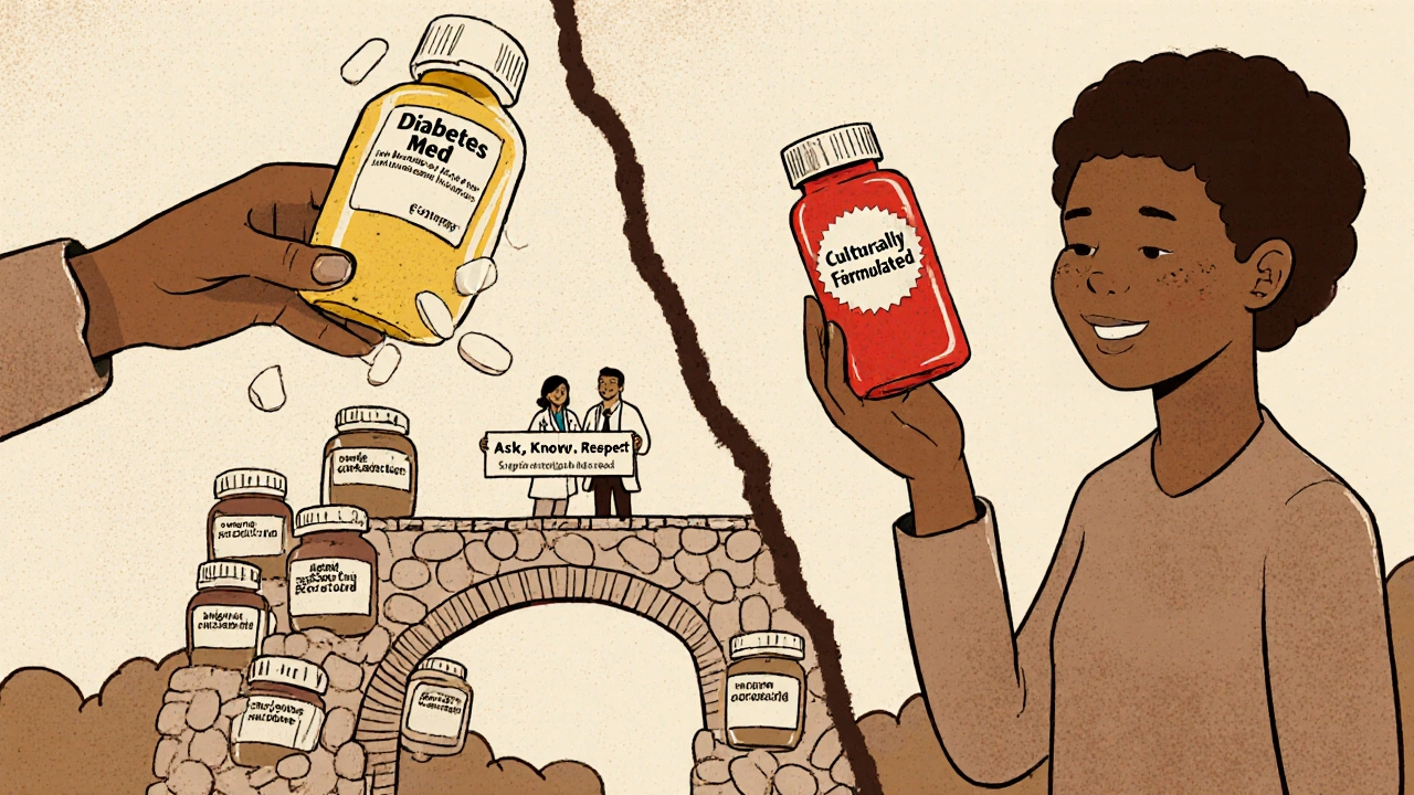 Split scene: patient discarding a pale pill on one side, accepting a culturally adapted pill on the other, connected by a bridge of labeled medication.