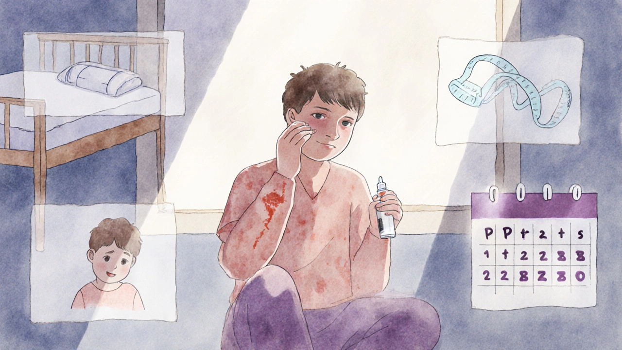 Survivor in a quiet room with floating memories of hospitalization, eye drops, and therapy, symbolizing long-term recovery.