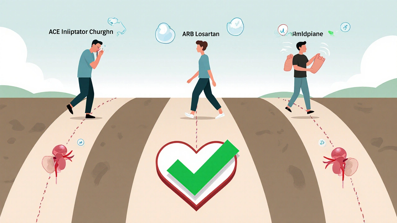 Three medication pathways leading to a healthy heart, showing different side effect experiences.