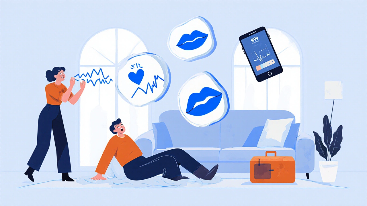 Two people in a living room: one unresponsive on floor, the other calling emergency services.