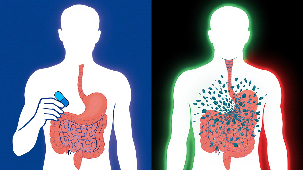 Two people taking the same pill: one has healthy gut bacteria, the other has microbiome disrupted by antibiotics.