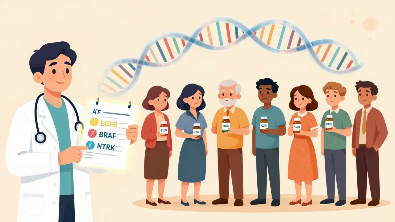 A doctor holds a genomic report as diverse patients receive personalized cancer pills under a glowing DNA helix.