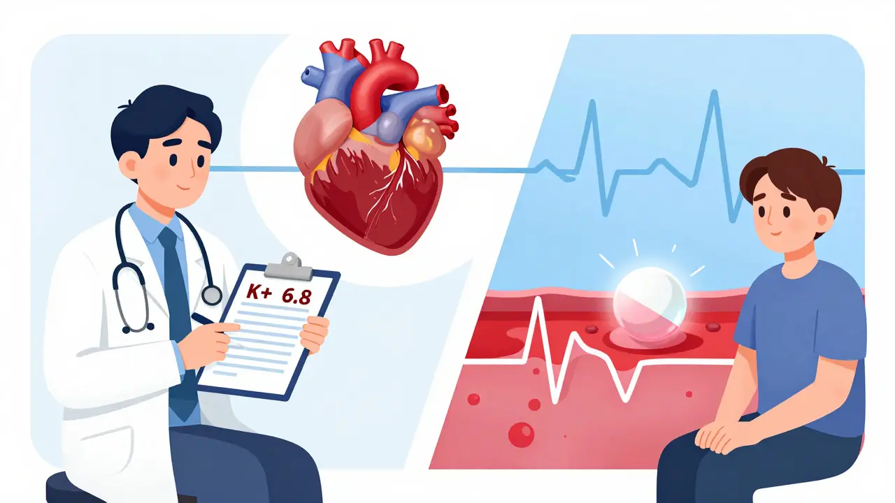 A doctor sees a high potassium blood test while a binder pill protects the heart from danger.
