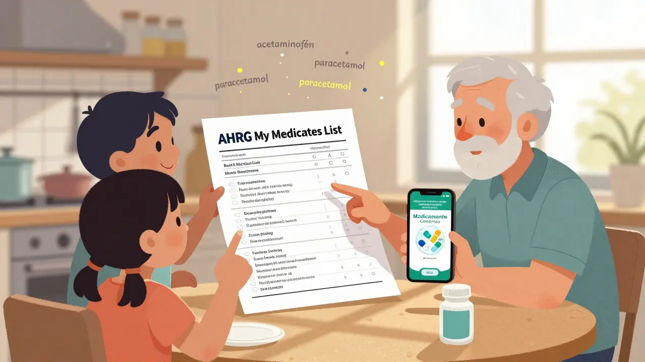 A family uses a printable medicine list at home, with a tablet displaying a generic medication app and regional drug names floating nearby.
