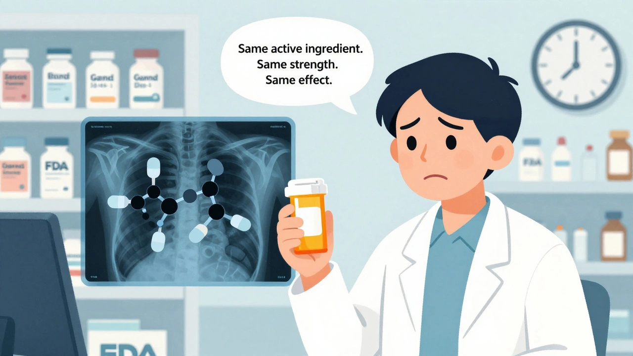 A patient sees identical molecular structures inside brand-name and generic pills, with FDA quotes floating nearby.