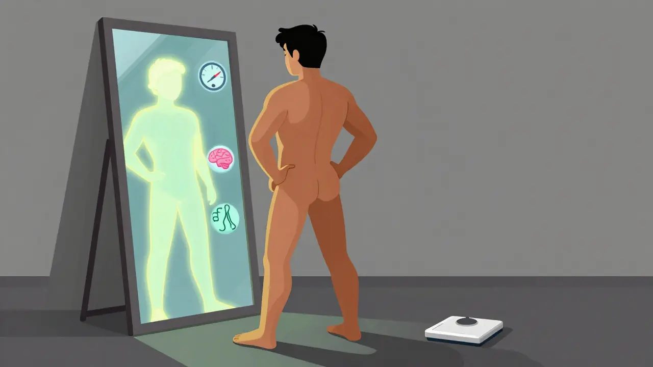 A person looking in a mirror, their reflection glowing with health markers, ignoring a faded scale on the floor.