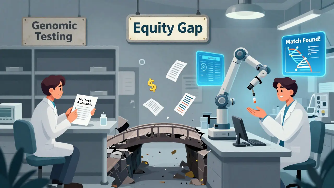 A rural clinic with no testing contrasts a high-tech lab where DNA sequencing leads to treatment, separated by an equity gap.
