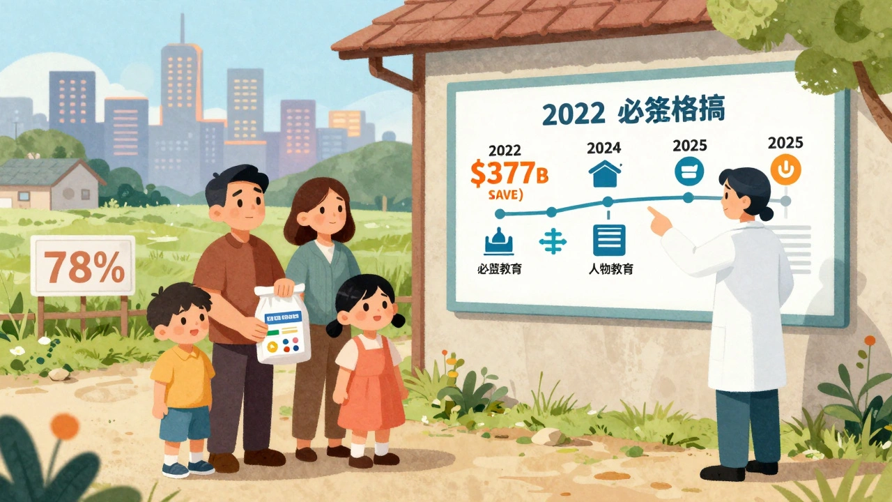 A rural family receives generic meds as a health worker shows a poster highlighting savings and policy progress.