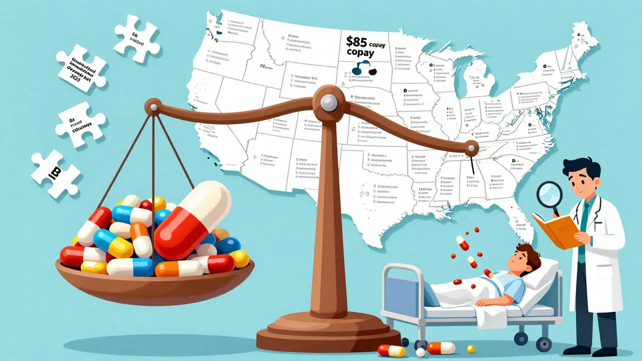 A scale tips under the weight of a costly brand-name pill, causing patient harm, while U.S. state rules and a new federal law hover nearby.