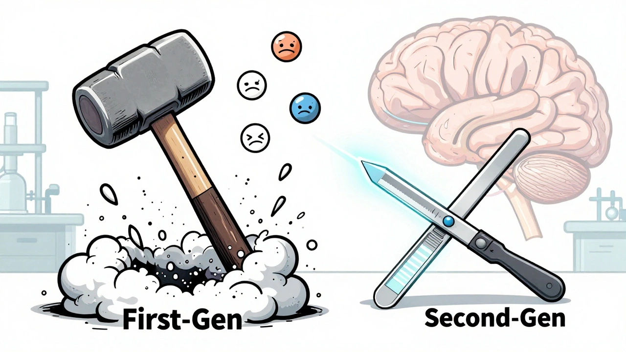 A sledgehammer labeled &#039;First-Gen&#039; smashes pollen clouds, while a scalpel labeled &#039;Second-Gen&#039; precisely cuts a histamine molecule.
