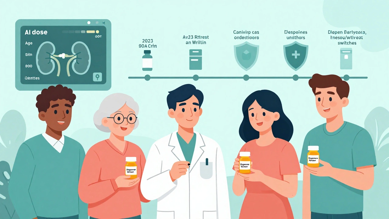 AI screen predicting lithium doses for diverse patients, all with 'Dispense as Written' stickers on bottles.