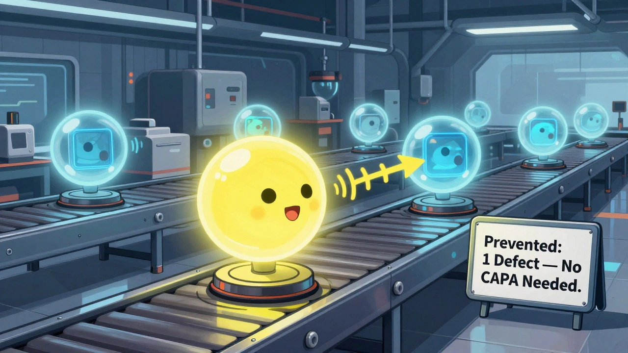 AI sensors prevent a defect before it happens in a smart manufacturing line with glowing detection orbs.