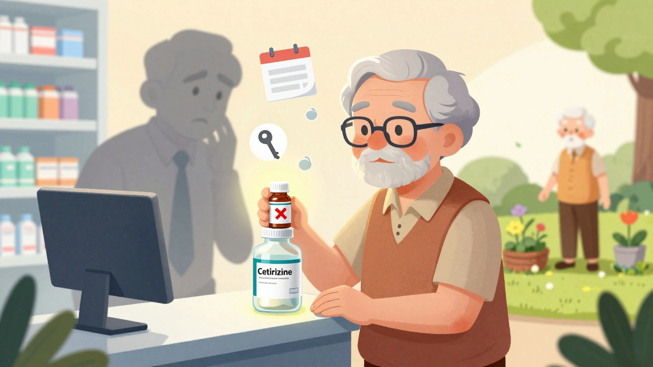 An elderly person choosing Zyrtec over Benadryl at a pharmacy, with fading confusion symbols and a peaceful gardening scene behind.