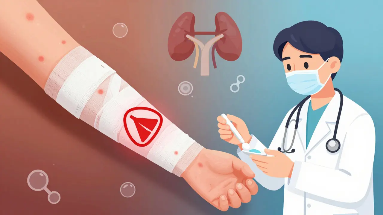 Child with eczema being treated safely vs. dangerously with plastic wrap and dangerous absorption.