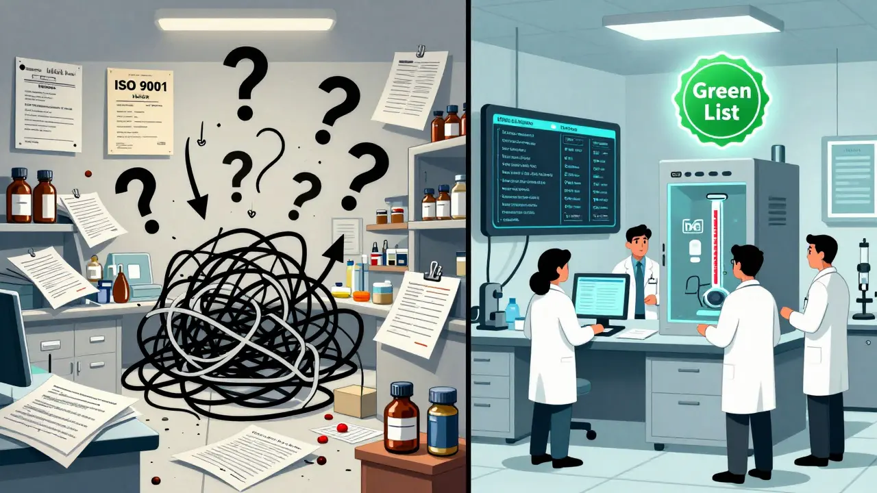 Contrasting chaotic pharmaceutical lab with messy paperwork versus a clean, tech-enabled compliant facility.