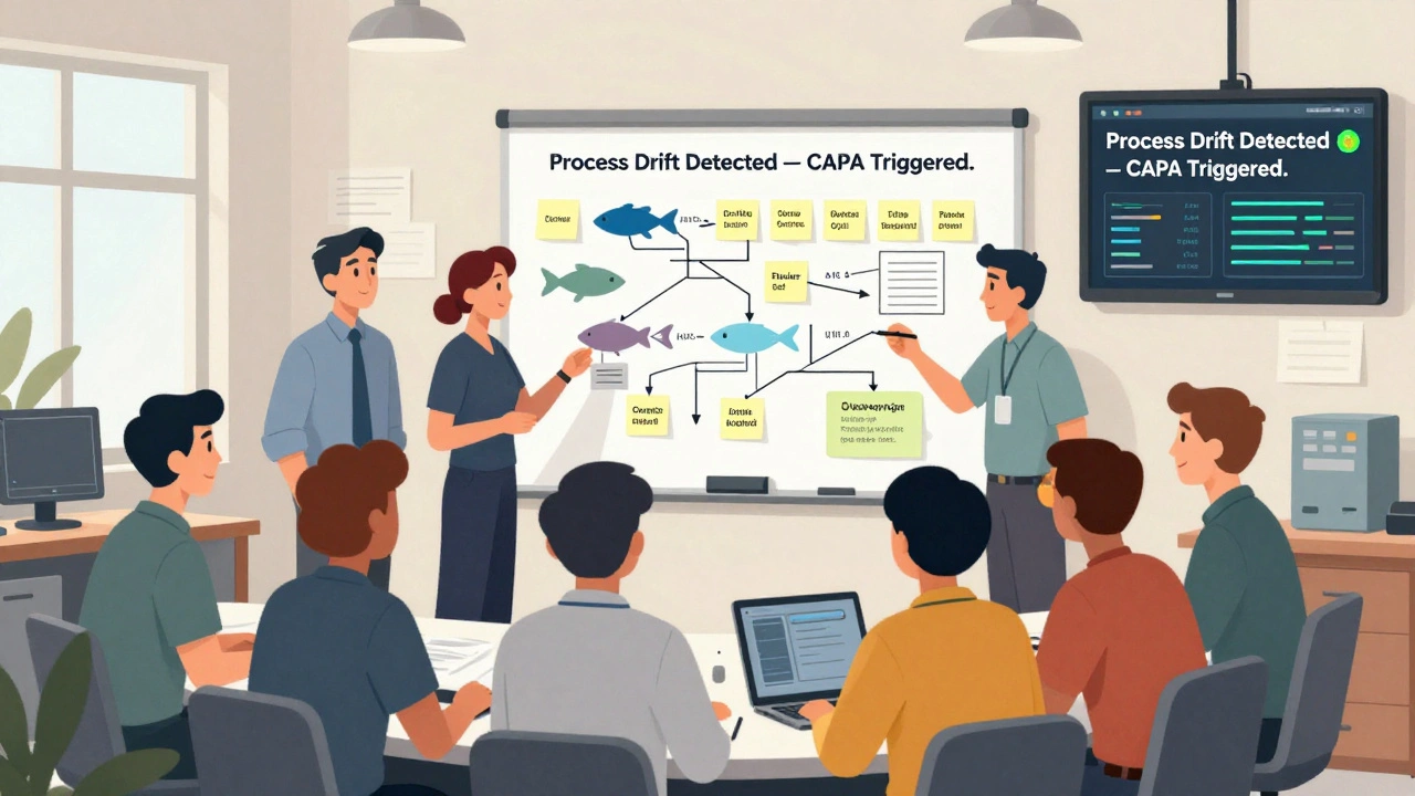 Cross-functional team analyzing a fishbone diagram and real-time sensor data in a factory war room.