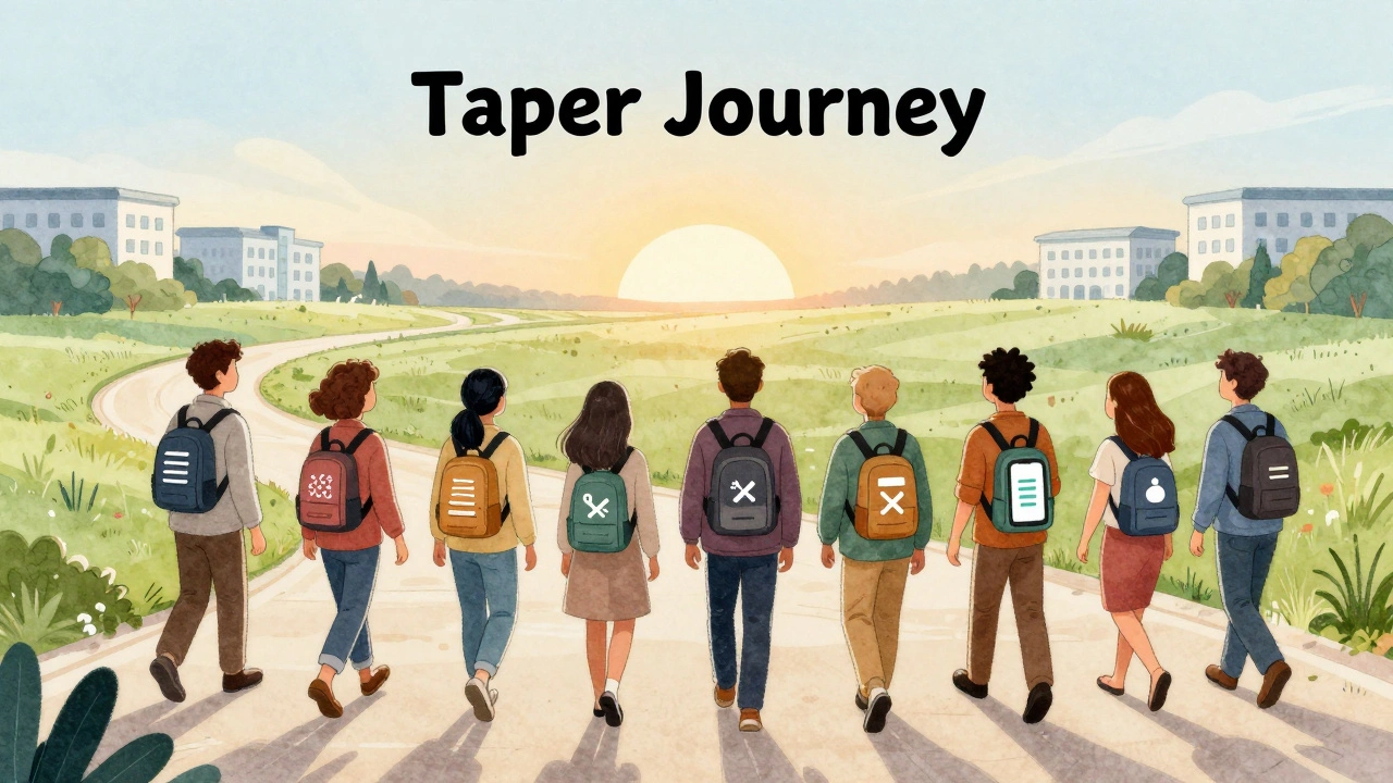 Diverse individuals walking a tapering path with support tools and sunrise ahead