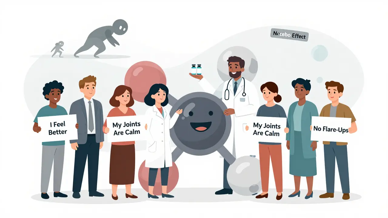 Diverse patients celebrating stable health beside a molecular sculpture, while the nocebo effect fades away.