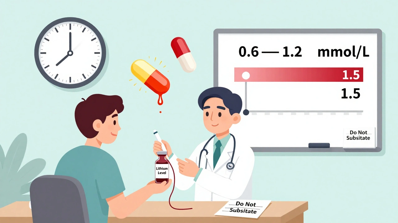 Doctor drawing blood for lithium test while two tablet release types float above, with therapeutic range on whiteboard.