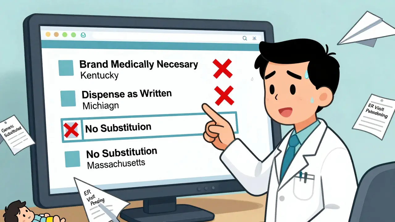 Doctor struggles with an EHR system displaying incorrect state override wording while pharmacy rejection notices fly around.