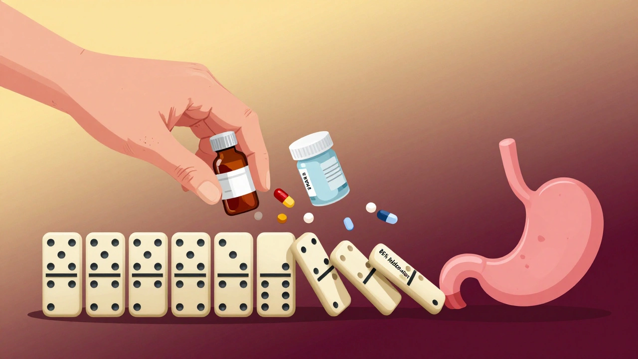 Dominoes of risk factors toppling toward a stomach icon, symbolizing hidden ulcer danger.