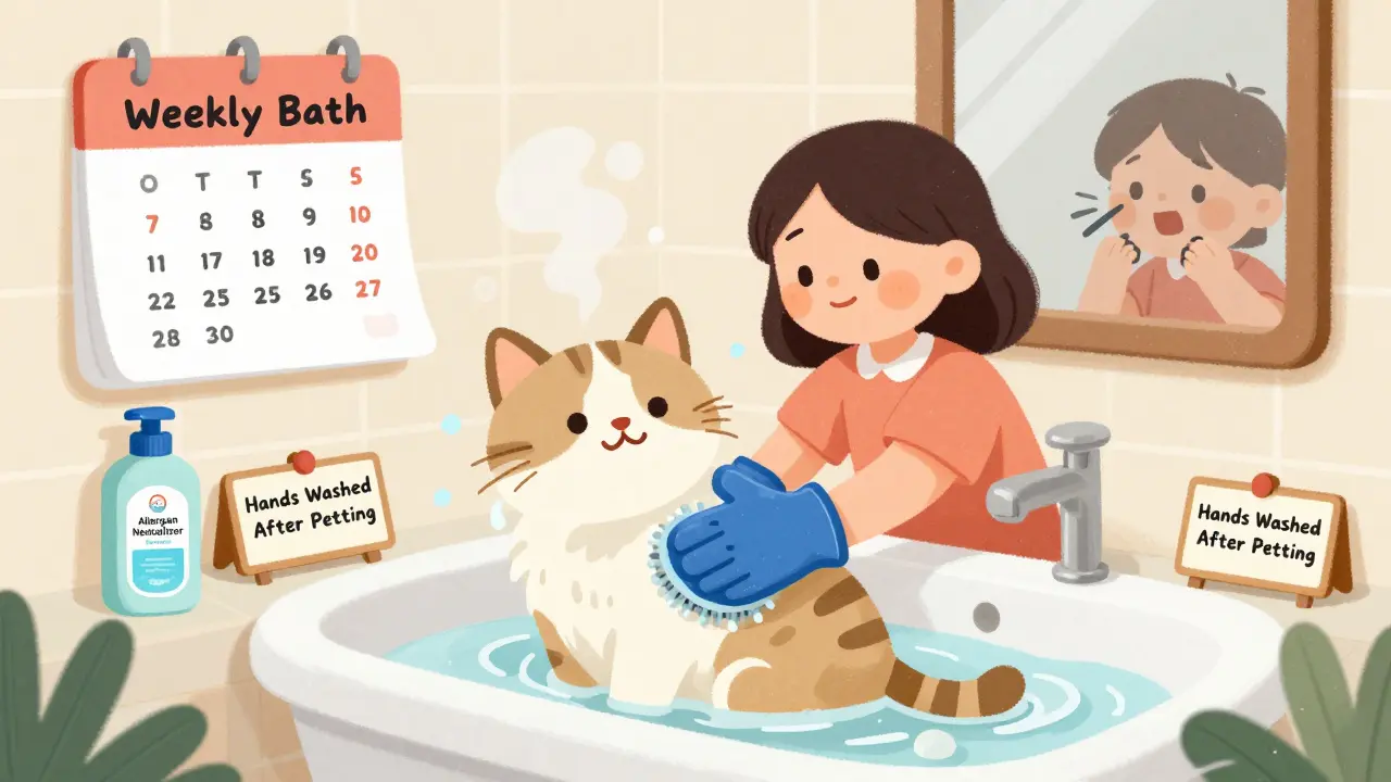 Family bathing cat with hypoallergenic shampoo, using grooming glove, calendar marked 'Weekly Bath' on wall.