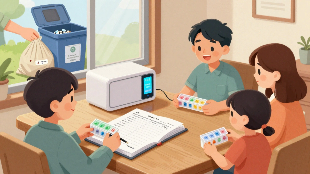 Family reviewing medication logbook with labeled pill organizers and smart safe nearby, disposing of expired pills.