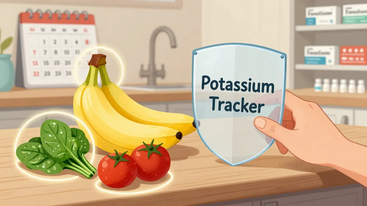 Foods high in potassium are marked with warnings, guarded by a potassium tracking shield.