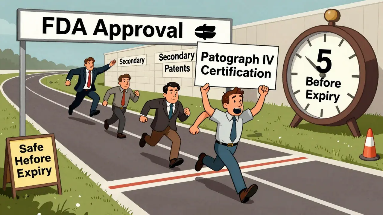 Generic drug makers racing to FDA approval while blocked by patent barriers.