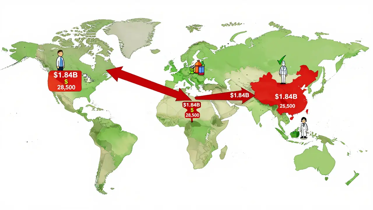 Global map showing red shipment blocks from India and China versus a single green compliant path to the U.S.