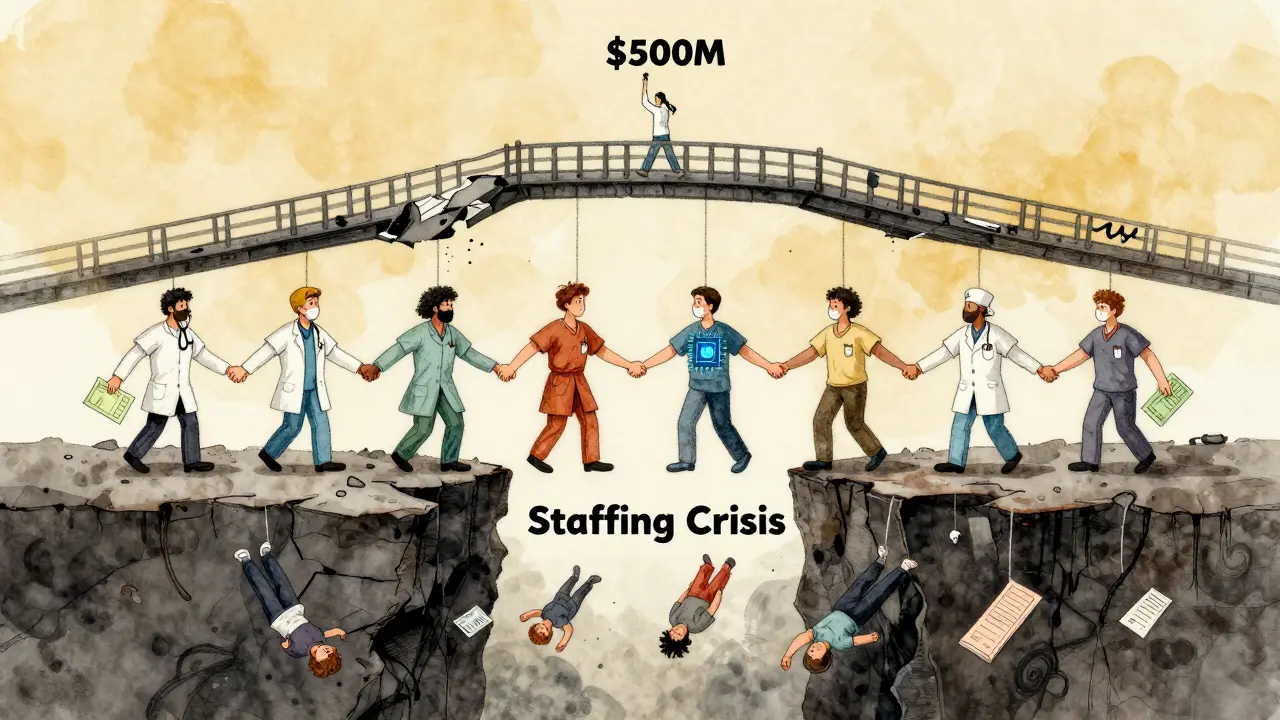 Healthcare workers forming a fragile chain across a chasm, holding symbols of their roles, as a crumbling bridge labeled &#039;Policy&#039; barely holds them up.