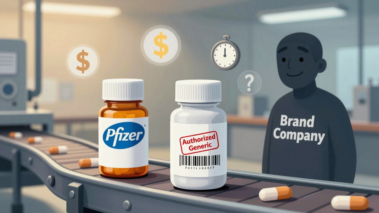 Identical pill bottles on a factory line—one branded, one generic—while the brand company watches closely.