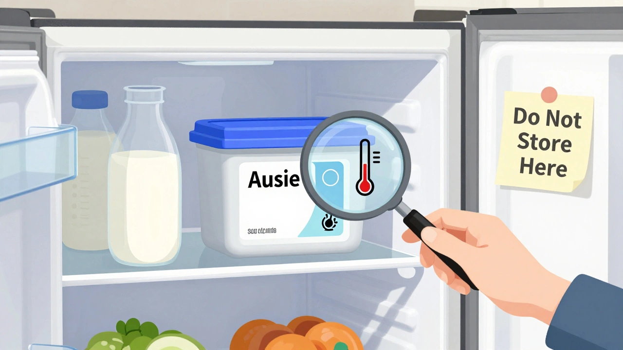 Insulin stored safely in the center of a fridge, with warning note on the door showing improper storage areas.