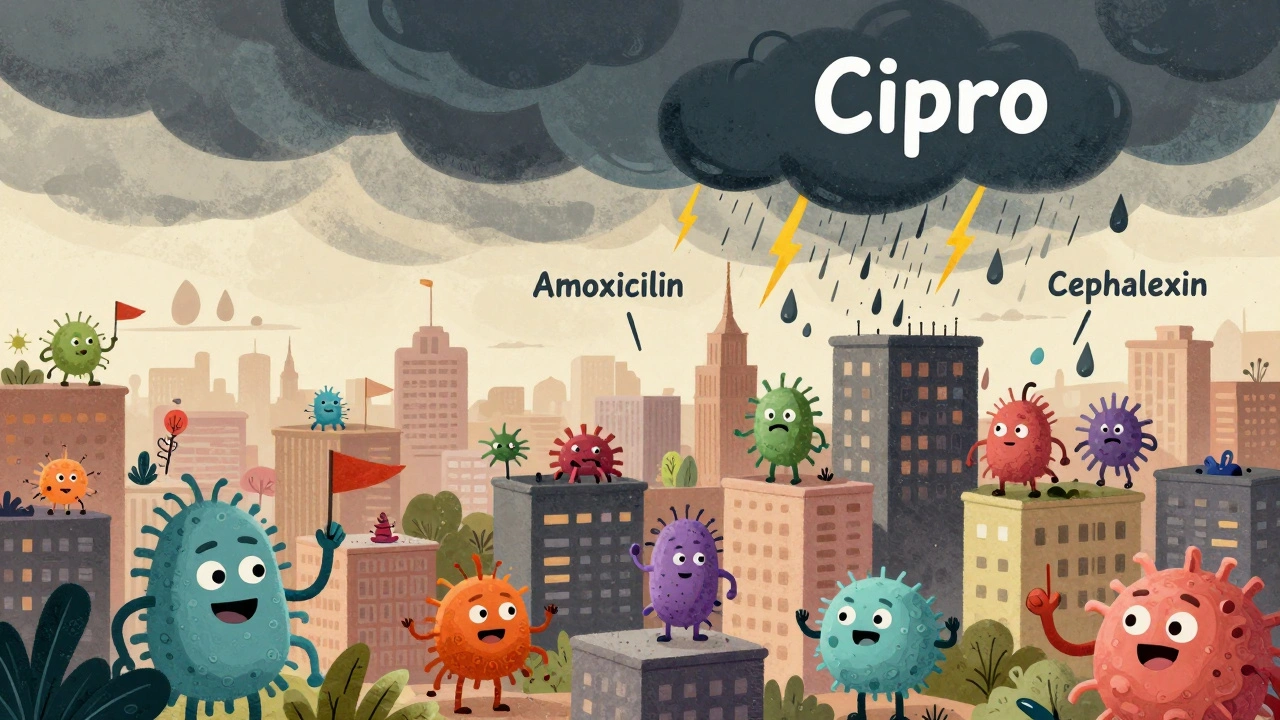 Microbiome city under attack by a storm cloud labeled Cipro, while safer antibiotics gently nourish the city.