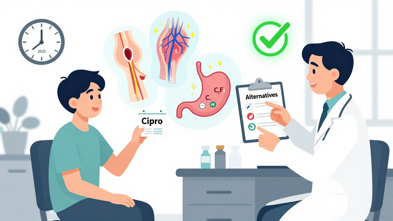 Patient holding Cipro prescription with ghostly side effects above, doctor pointing to safer alternatives on clipboard.