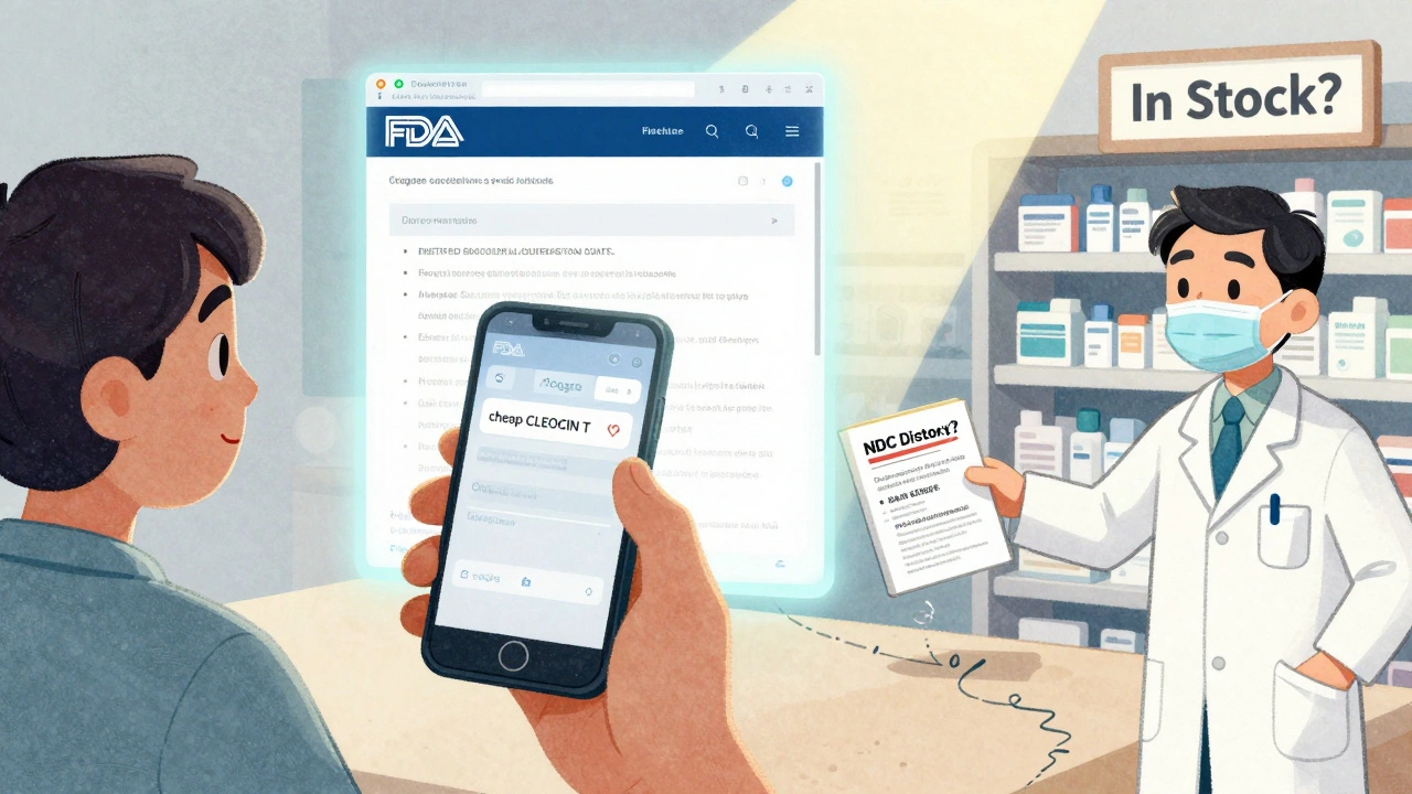 Patient with outdated search results beside a glowing FDA list, pharmacist offering NDC directory book.