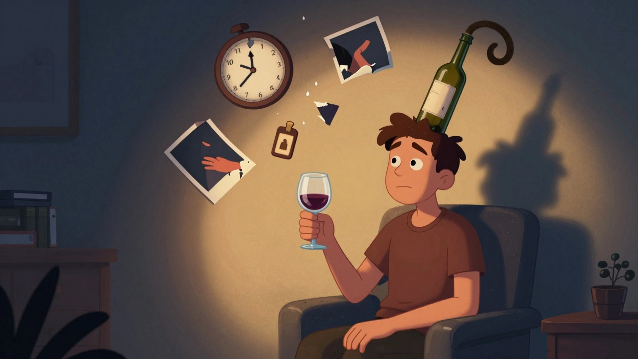 Person alone in dim room surrounded by symbols of lost time, relationships, and career from alcohol dependence.