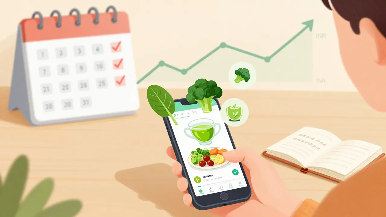 Person tracking meals on phone with steady INR graph and consistent daily food icons